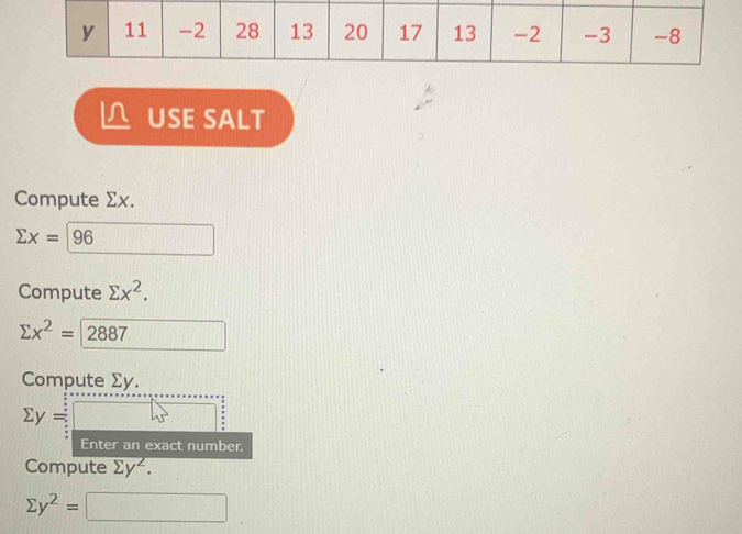 USE SALT 
Compute Σx.
sumlimits x= / 96
Compute sumlimits x^2.
sumlimits x^2=2887 □ 
Compute Σy.
sumlimits y=□
Enter an exact number. 
Compute sumlimits y^2.
sumlimits y^2=□