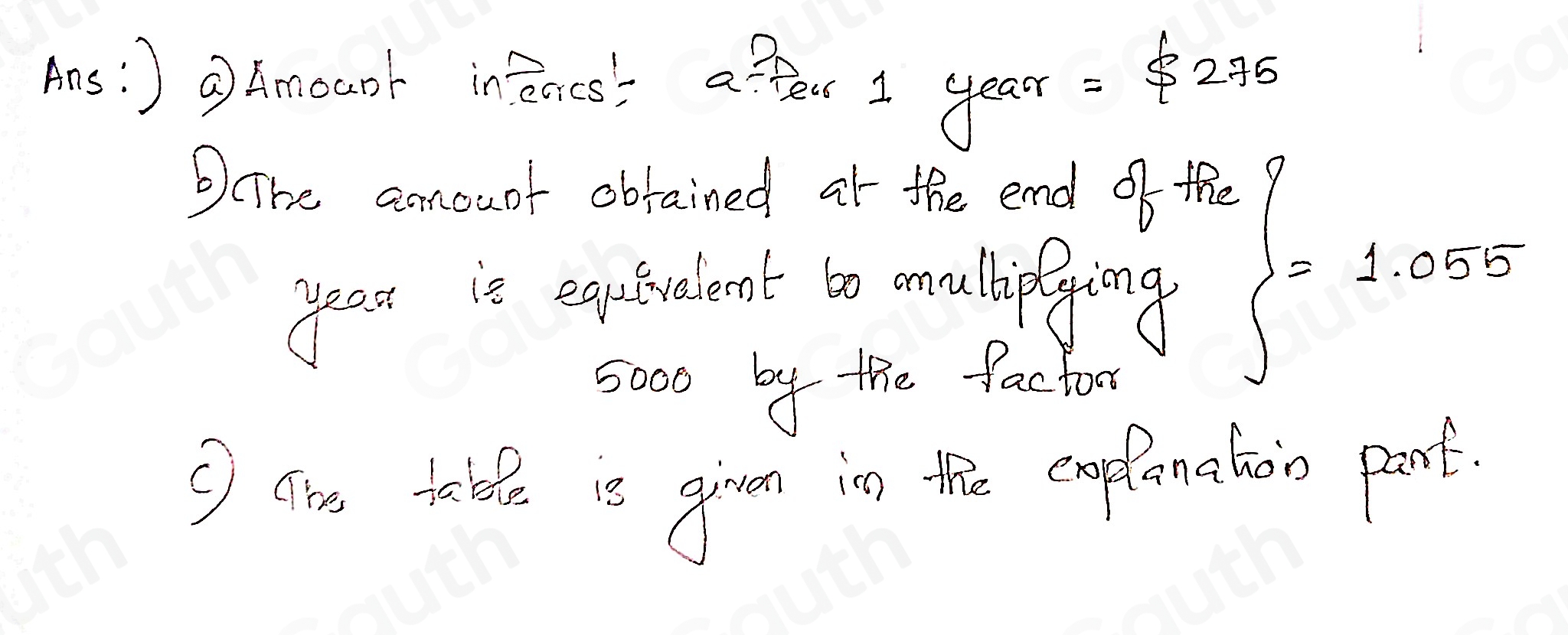 Ans gmouch inoce aper I year =$ 27
The aouot obtained at the end of the
year is equtrelent bo ouliplying ∴ ∈t =1.^0=1.055 
5000 by the factoor 
O ain tale a gin in the cplanshoio part.