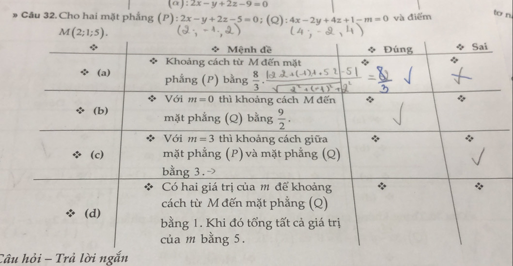 (α): 2x-y+2z-9=0
» Câu 32. Cho hai mặt phẳng (P): 2x-y+2z-5=0;(Q): 4x-2y+4z+1-m=0 và điểm
to n
Câu hỏi - Trả lời ngắn