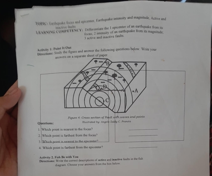 TOPIC: Earthquake focus and epicenter, Earthquake intensity and magnitude, Active and 
inactive faults 
LEARNING COMPETENCY: Differentiate the 1 epicenter of an earthquake from its 
focus; 2 intensity of an earthquake from its magnitude. 
3 active and inactive faults. 
Activity 1: Point It Out 
Directions: Study the figure and answer the following questions below. Write your 
answers on a separate sheet of paper. 
Figure 4: Cross section of Fault with waves and points 
Questions: Illustrated by: Angelo Zaldy C. Francia 
1. Which point is nearest to the focus? 
_ 
2.|Which point is farthest from the focus? 
_ 
3. Which point is nearest to the epicenter? 
4. Which point is farthest from the epicenter? 
_ 
Activity 2. Fish Be with You 
Directions: Write the correct descriptions of active and inactive faults in the fish 
diagram. Choose your answers from the box below.