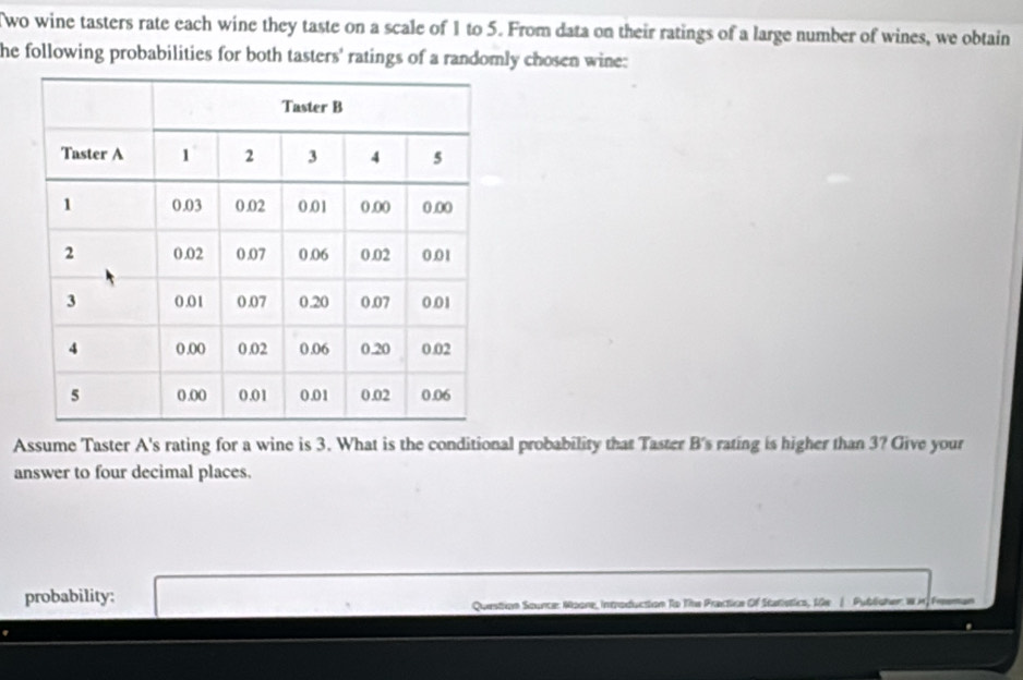 Two wine tasters rate each wine they taste on a scale of 1 to 5. From data on their ratings of a large number of wines, we obtain 
he following probabilities for both tasters' ratings of a randomly chosen wine: 
Assume Taster A's rating for a wine is 3. What is the conditional probability that Taster B's rating is higher than 3? Give your 
answer to four decimal places. 
probability: 
Question Sounce: Moore, introduction To The Practice Of Statstics, the/ Publisher: Win Freeman