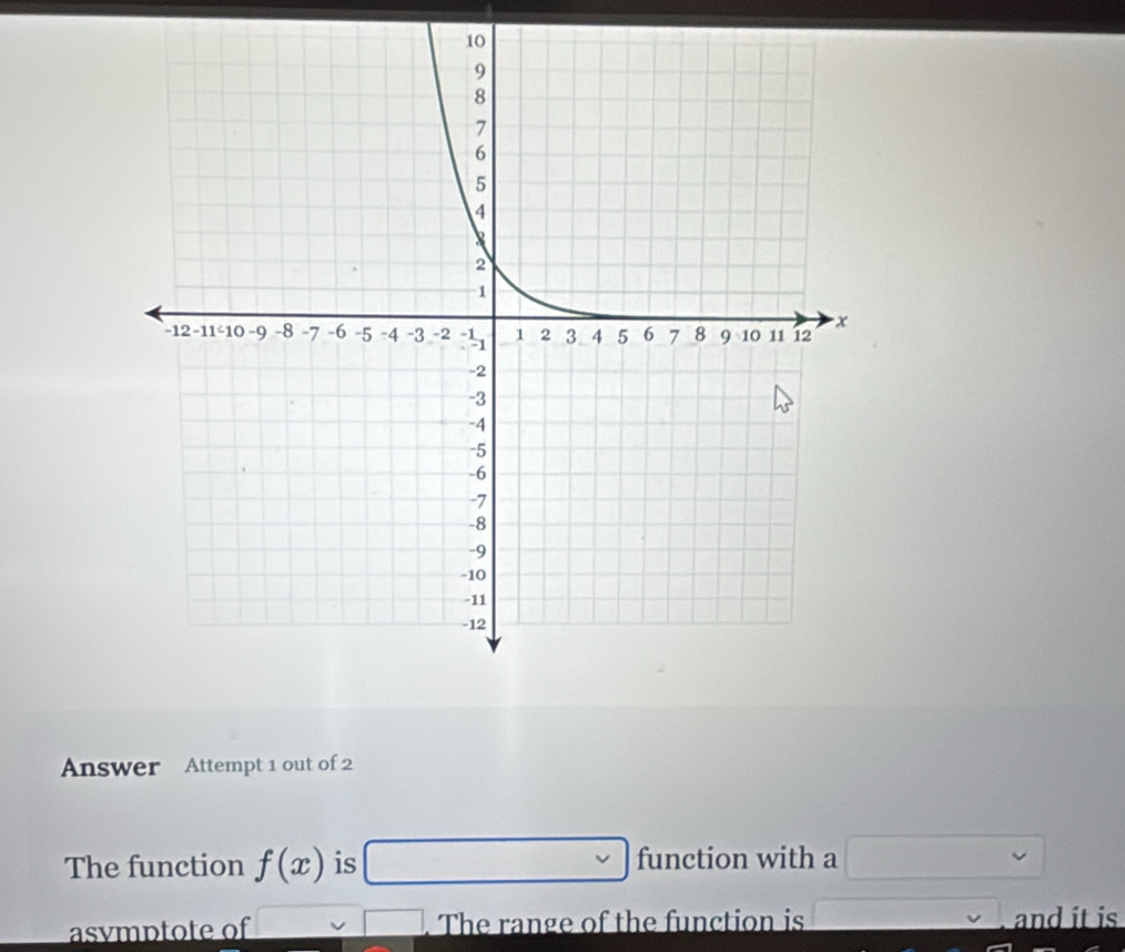 Answer Attempt 1 out of 2 
The function f(x) is □ approx  function with a □ 
asvmɒtote of □. The range of the function is sqrt(x+1)=sqrt(x+1) and it is