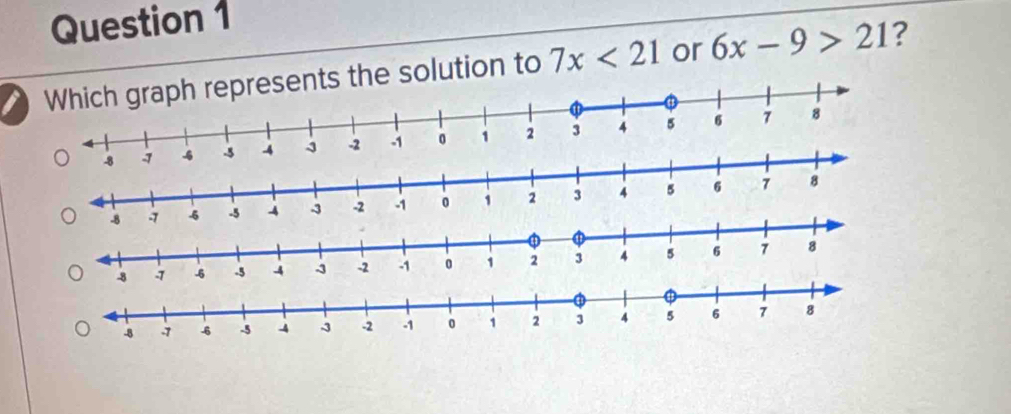 solution to 7x<21</tex> or 6x-9>21 ?
4
-5