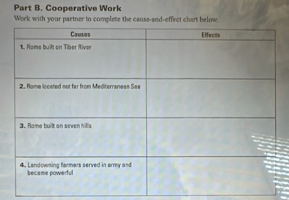 Cooperative Work 
Work with your partner to complete the cause-and-effect chart below.