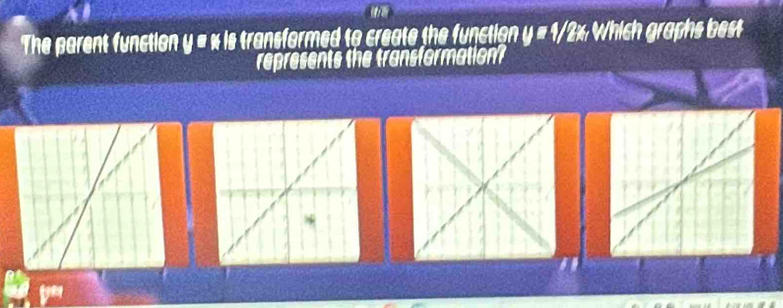 The parent function y = x is transformed to create the function y=1/2x_1 Which graphs best 
represents the transformation? 
" 
be