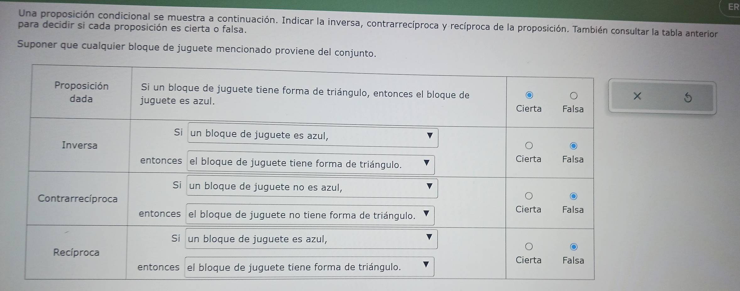 ER 
Una proposición condicional se muestra a continuación. Indicar la inversa, contrarrecíproca y recíproca de la proposición. También consultar la tabla anterior 
para decidir si cada proposición es cierta o falsa. 
Suponer que cualquier bloque de juguete mencionado proviene del