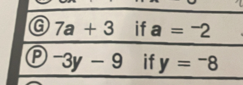 7a+3 if a=^-2
P^-3y-9 if y=-8