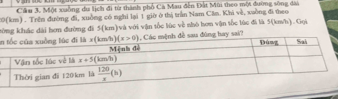 van tou
Cầu 3. Một xuồng du lịch đí từ thành phố Cả Mau đến Đất Mũi theo một đường sông dài
20(km) . Trên đường đí, xuồng có nghi lại 1 giờ ở thị trấn Nam Căn. Khi về, xuồng đí theo
kờng khác dài hơn đường đi 5(km)và với vận tốc lúc về nhỏ hơn vận tốc lúc đi là 5(km/h). Gọi
n sau đúng hay sai?