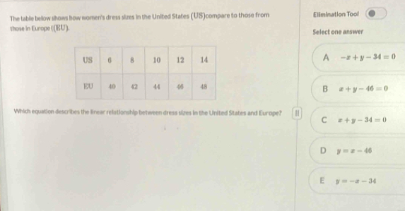 The table below shows how women's dress sizes in the United States (US)compare to those from Elimination Tool
those in Europe ((BU). Select one answer
A
-x+y-34=0
B x+y-46=0
Which equation describes the linear relationship between dress sizes in the United States and Europe? C x+y-34=0
D y=x-46
E y=-x-34