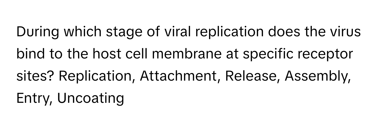 During which stage of viral replication does the virus bind to the host cell membrane at specific receptor sites? Replication, Attachment, Release, Assembly, Entry, Uncoating