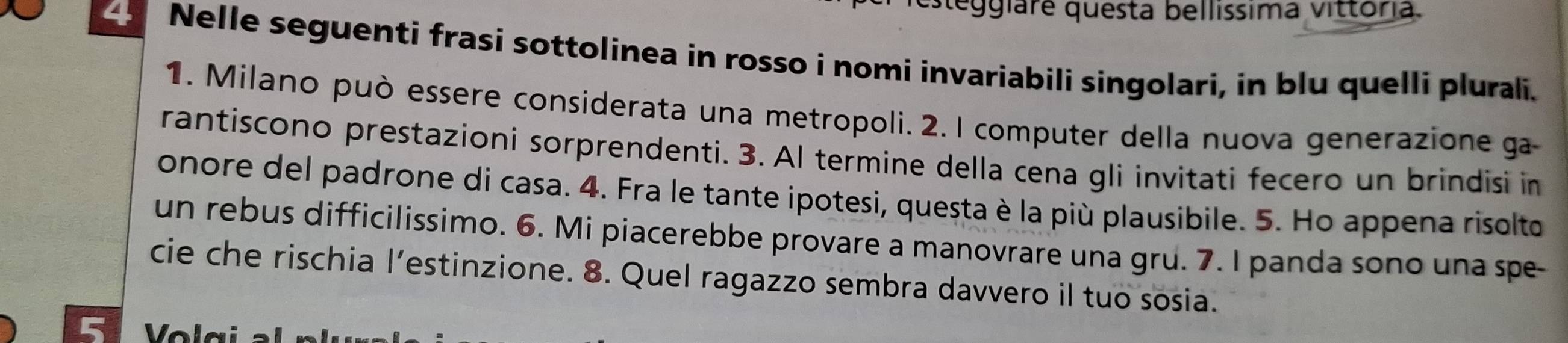 steggiare questa bellissima vittória. 
4 Nelle seguenti frasi sottolinea in rosso i nomi invariabili singolari, in blu quelli plurali. 
1. Milano può essere considerata una metropoli. 2. I computer della nuova generazione ga 
rantiscono prestazioni sorprendenti. 3. Al termine della cena gli invitati fecero un brindisi in 
onore del padrone di casa. 4. Fra le tante ipotesi, questa è la più plausibile. 5. Ho appena risolto 
un rebus difficilissimo. 6. Mi piacerebbe provare a manovrare una gru. 7. I panda sono una spe- 
cie che rischia l’estinzione. 8. Quel ragazzo sembra davvero il tuo sosia.