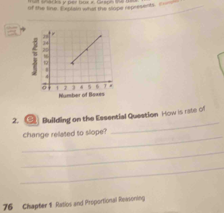 muit snacks y per box x. Graph the gat. 
of the line. Explain what the slope represents, (Ezample 

2. e Building on the Essential Question How is rate of 
_change related to slope? 
_ 
_ 
_ 
76 Chapter 1 Ratios and Proportional Reasoning