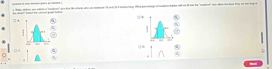 (Кκound to onе dеcimai place as neеgеd )
c. Baby clothes are sold in a "newbom" size that fits infants who are between 18 and 20.4 inches long. What percentage of newborn babies will not fit into the "newbor" size either because they are too long or
too short? Select the correct graph below.
B.
A
)D.
○ C.
a

Next