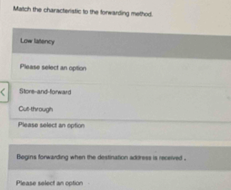 Match the characteristic to the forwarding method.
Low latency
Please select an option
Store-and-forward
Cut-through
Please select an option
Begins forwarding when the destination address is received .
Please select an option