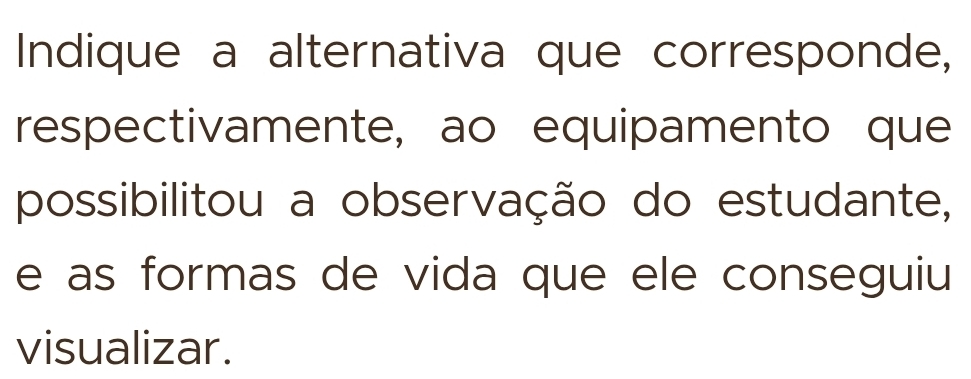 Indique a alternativa que corresponde, 
respectivamente, ao equipamento que 
possibilitou a observação do estudante, 
e as formas de vida que ele conseguiu 
visualizar.