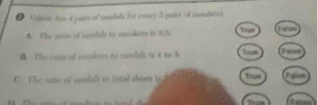 Viderio has 4 pair of sandals for every 3 pairs of audiors 
Ysuse 
A. The 2010 of sandils to sikers is 7 Tase 
. The rato of sombers to meultls is 4 to 3. 
Past 
C. The nto of susdal to total shoes in 
Trpe Farbl
