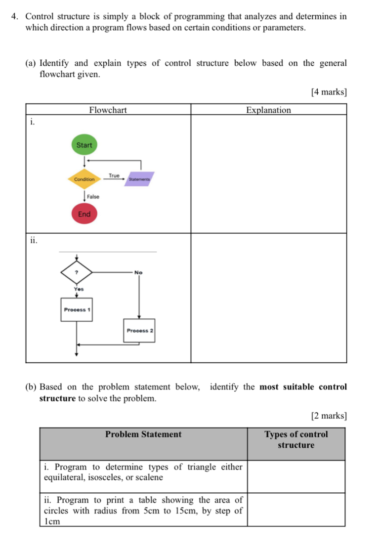 Control structure is simply a block of programming that analyzes and determines in 
which direction a program flows based on certain conditions or parameters. 
(a) Identify and explain types of control structure below based on the general 
flowchart given. 
(b) Based on the problem statement below, identify the most suitable control 
structure to solve the problem. 
[2 marks]