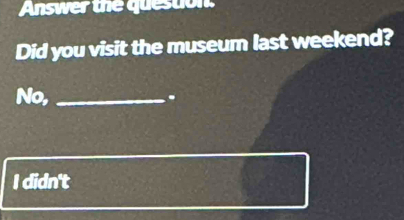 Answer the queston.
Did you visit the museum last weekend?
No,_
.
I didn't