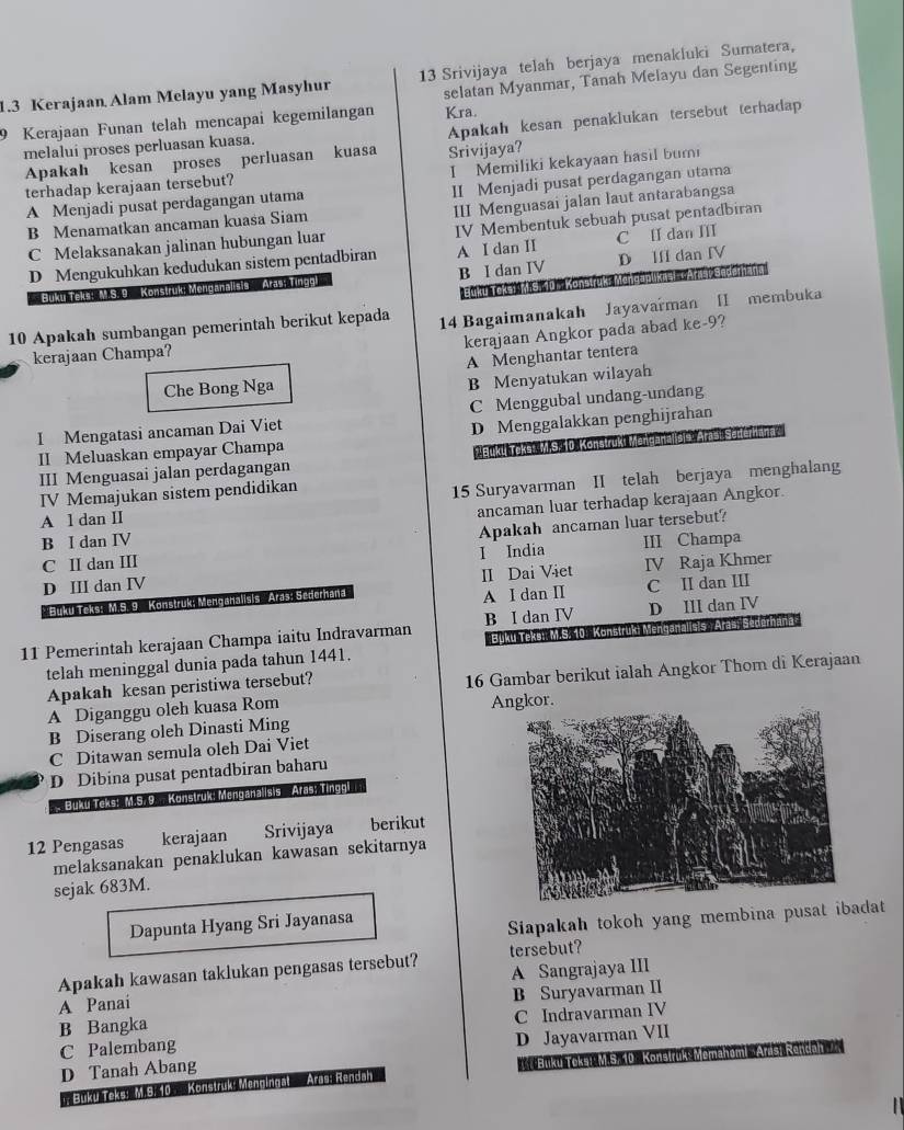 1.3 Kerajaan Alam Melayu yang Masyhur 13 Srivijaya telah berjaya menakluki Sumatera,
9 Kerajaan Funan telah mencapai kegemilangan selatan Myanmar, Tanah Melayu dan Segenting
Kra.
melalui proses perluasan kuasa. Apakah kesan penaklukan tersebut terhadap
Apakah kesan proses perluasan kuasa Srivijaya?
I Memiliki kekayaan hasil bumi
terhadap kerajaan tersebut?
A Menjadi pusat perdagangan utama II Menjadi pusat perdagangan utama
B Menamatkan ancaman kuasa Siam III Menguasai jalan laut antarabangsa
C Melaksanakan jalinan hubungan luar IV Membentuk sebuah pusat pentadbiran
D Mengukuhkan kedudukan sistem pentadbiran A I dan II D IfI dan IV C II dan III
Buku Teks: M.S. 9.  Konstruk; Menganaliaia   Araa; Tinga. B I dan IV
Eüku Toksi mis. 40 . Kanstrükz
10 Apakah sumbangan pemerintah berikut kepada 14 Bagaimanakah Jayavarman [I membuka
kerajaan Angkor pada abad
kerajaan Champa? ke-5
A Menghantar tentera
Che Bong Nga
B Menyatukan wilayah
I Mengatasi ancaman Dai Viet C Menggubal undang-undang
II Meluaskan empayar Champa D Menggalakkan penghijrahan
III Menguasai jalan perdagangan * Buky Tekst M S. 10 Konstruki Menga Sederhana
IV Memajukan sistem pendidikan
15 Suryavarman II telah berjaya menghalang
A l dan II
ancaman luar terhadap kerajaan Angkor.
Apakah ancaman luar tersebut?
B I dan IV III Champa
I India
C II dan III
D III dan IV II Dai Viet IV Raja Khmer
* Bükü Teks: M.S. 9.  Konstruk: Mengehalisis   Aras; Sederhana A I dan I C II dan III
B I dan IV D III dan IV
11 Pemerintah kerajaan Champa iaitu Indravarman  Buku Tekš'' M.S. 10: Konštruki Menganalisis hana
telah meninggal dunia pada tahun 1441.
Apakah kesan peristiwa tersebut? 16 Gambar berikut ialah Angkor Thom di Kerajaan
A Diganggu oleh kuasa Rom Angkor.
B Diserang oleh Dinasti Ming
C Ditawan semula oleh Dai Viet
D Dibina pusat pentadbiran baharu
Buku Teks: M.S. 9. Konstruk: Menganalisis Aras; Tinggl
12 Pengasas  kerajaan Srivijaya berikut
melaksanakan penaklukan kawasan sekitarnya
sejak 683M.
Dapunta Hyang Sri Jayanasa
Siapakah tokoh yang membina pusat ibadat
Apakah kawasan taklukan pengasas tersebut? tersebut?
A Sangrajaya III
A Panai
B Bangka B Suryavarman II
C Palembang C Indravarman IV
D Tanah Abang D Jayavarman VII
; Buky Teks: M.9. 10   Konstruk: Mengingat  Ares: Rendah * Buku Tekş!  M.S. 10 Kon