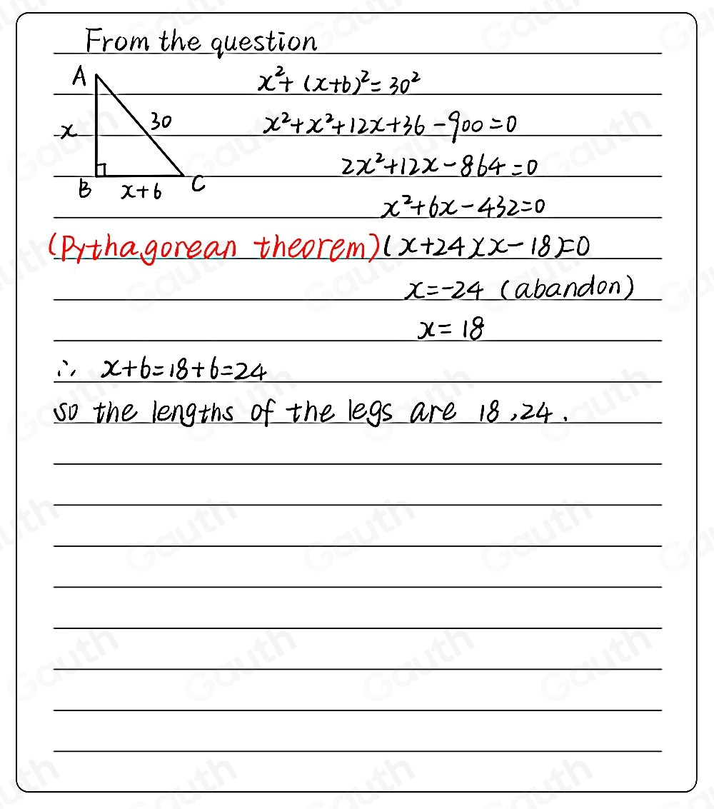 Solved: One leg of a right triangle is 6 inches longer than the other ...