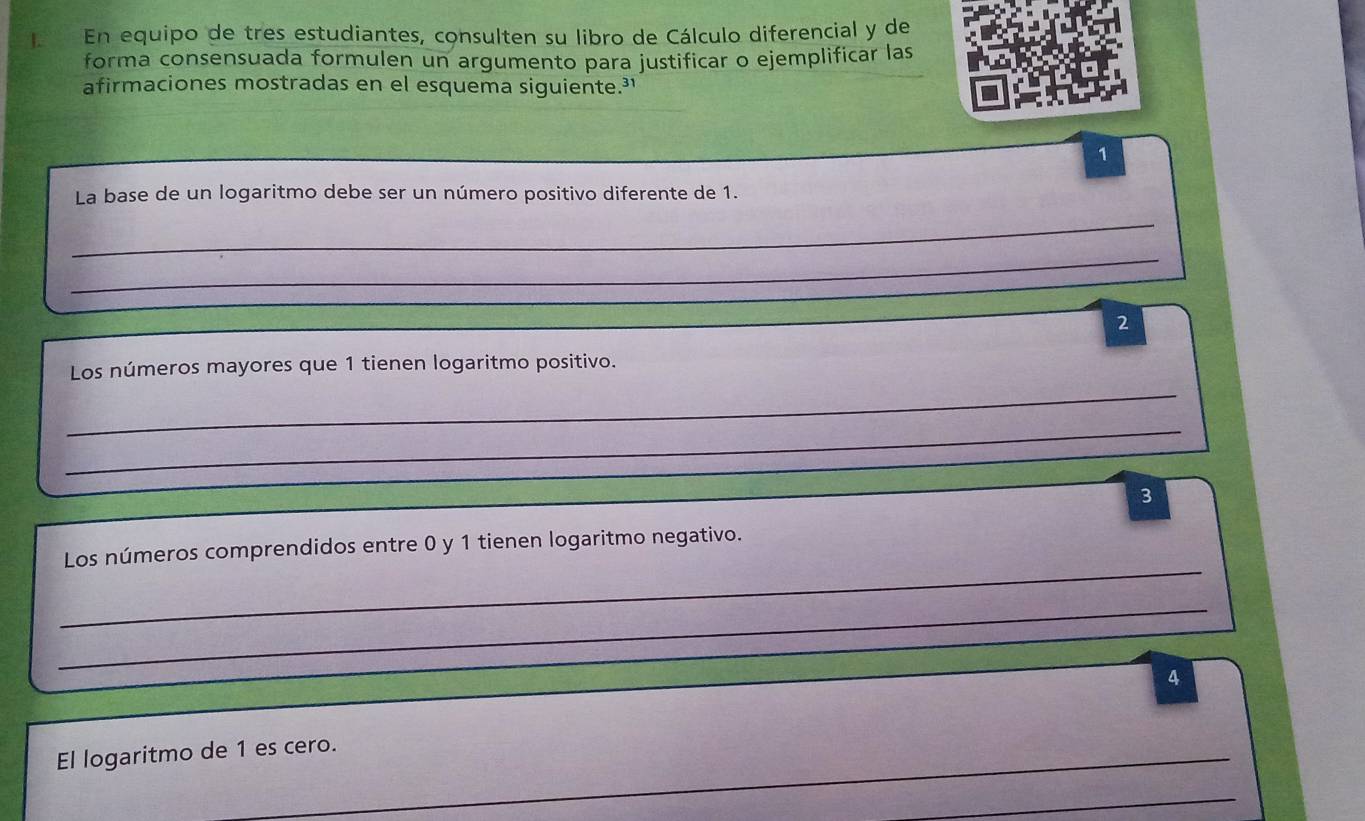 En equipo de tres estudiantes, consulten su libro de Cálculo diferencial y de 
forma consensuada formulen un argumento para justificar o ejemplificar las 
afirmaciones mostradas en el esquema siguiente.³ 
1 
La base de un logaritmo debe ser un número positivo diferente de 1. 
_ 
_ 
2 
Los números mayores que 1 tienen logaritmo positivo. 
_ 
_ 
_ 
_ 
3 
_ 
Los números comprendidos entre 0 y 1 tienen logaritmo negativo. 
_ 
_ 
4 
El logaritmo de 1 es cero._ 
_