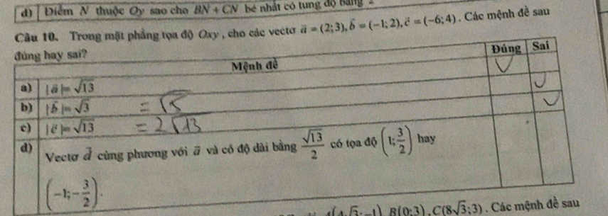 Điểm N thuộc Oy sao cho BN+CN b nhất có tung độ bảng 
o các vectơ vector a=(2;3),vector b=(-1;2),vector c=(-6;4). Các mệnh đề sau
sqrt(3)· -1) B(0:3).C(8sqrt(3);3). Các