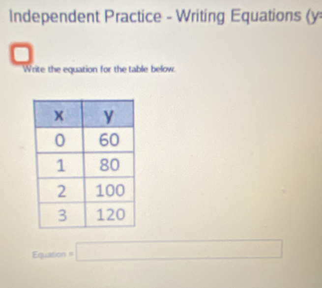 Independent Practice - Writing Equations (y 
Write the equation for the table below.
Equation=□