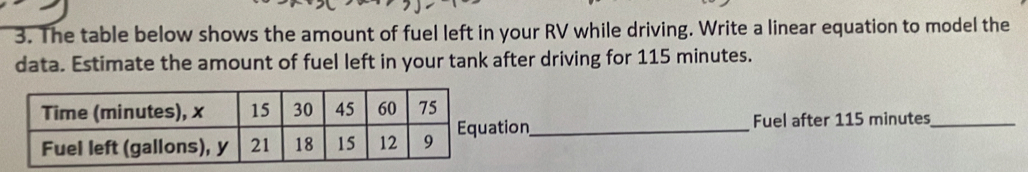 The table below shows the amount of fuel left in your RV while driving. Write a linear equation to model the 
data. Estimate the amount of fuel left in your tank after driving for 115 minutes. 
tion_ 
Fuel after 115 minutes _