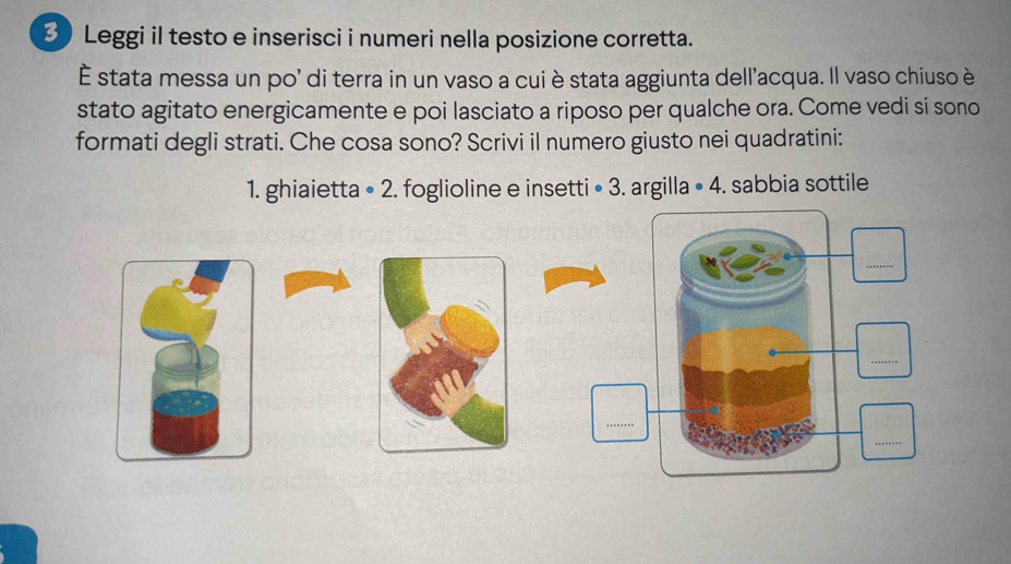 Leggi il testo e inserisci i numeri nella posizione corretta. 
È stata messa un po' di terra in un vaso a cui è stata aggiunta dell'acqua. Il vaso chiuso è 
stato agitato energicamente e poi lasciato a riposo per qualche ora. Come vedi si sono 
formati degli strati. Che cosa sono? Scrivi il numero giusto nei quadratini: 
1. ghiaietta • 2. foglioline e insetti • 3. argilla • 4. sabbia sottile 
_ 
_ 
_ 
_