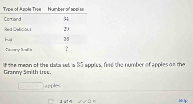 If the mean of the data set is 35 apples, find the number of apples on the 
Granny Smith tree. 
apples
3 of 4 Skip