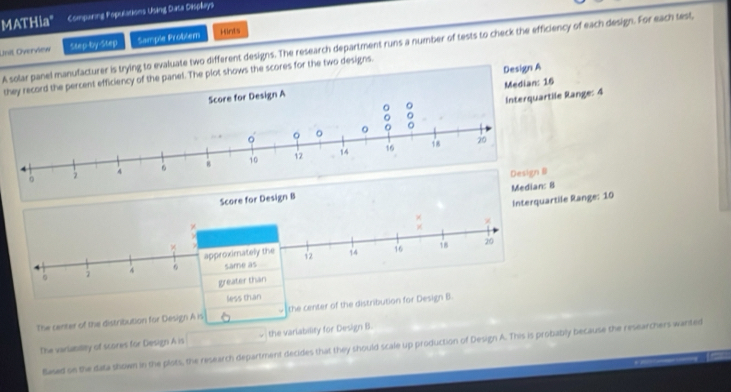 MATHia" Comparing Populations Using Data Displays 
Unil Överview Step-by-Step Sample Problem Hints 
A solar panel manufacturer is trying to evaluate two different designs. The research department runs a number of tests to check the efficiency of each design. For each test, 
they record the percent efficiency of the panel. The plot shows the scores for the two designs. 
Design A 
Range: 4
Score for Design B 
Interquartile Range: 10
× 
approximatelly the 12 14 16 18 20; same as 
greater than 
less than 
The center of the distribution for Design A is the center of the distribution for Design B. 
The variabiley of scores for Design A is the varlability for Design B. 
Based on the data shown in the pists, the research department decides that they should scale up production of Design A. This is probably because the researchers wanted