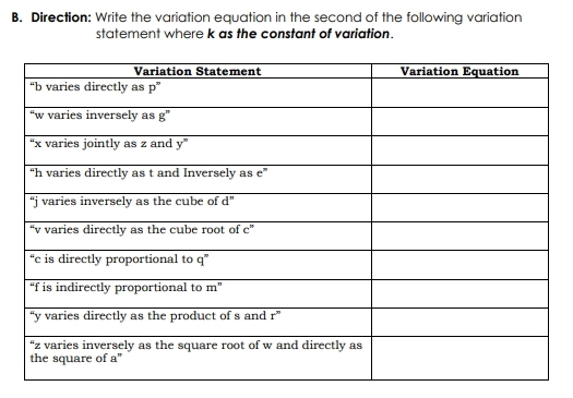 Direction: Write the variation equation in the second of the following variation
statement where k as the constant of variation.