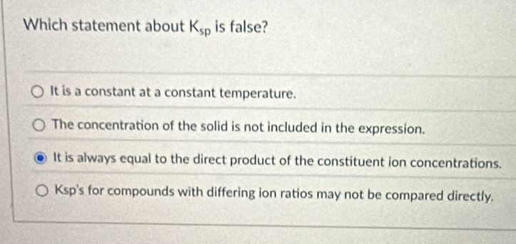 Which statement about K_sp is false?
It is a constant at a constant temperature.
The concentration of the solid is not included in the expression.
It is always equal to the direct product of the constituent ion concentrations.
Ksp's for compounds with differing ion ratios may not be compared directly.