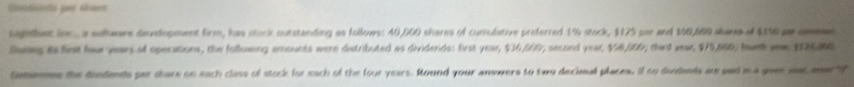 Coetends por shaen 
Lightlant inc. a solhmans dendogment firm, has stock outstanding as folloess 40,060 shares of cumulative preferred 1% stock, $125 par and 140,669 abine of $3% 6 par oeme 
Suning as fest four years of opecations, the following amounts were distributed as dividerds: first year, $36,000, second year, $4/66, third vear. $79,660; founh vew, $87680
Detemmns the dondents par chare on each class of stock for each of the four years. Round your answers to two decinal places, if to dondents are pad in a giver war me T