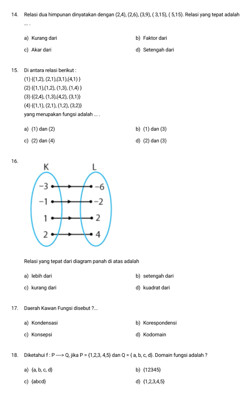 Relasi dua himpunan dinyatakan dengan (2,4),(2,6),(3,9),(3,15),(5,15). Relasi yang tepat adalah
... .
a) Kurang dari b) Faktor dari
c) Akar dari d) Setengah dari
15. Di antara relasi berikut :
(1)  (1,2),(2,1),(3,1),(4,1)
(2)  (1,1),(1,2),(1,3),(1,4)
(3)  (2,4),(1,3),(4,2),(3,1)
(4)  (1,1),(2,1),(1,2),(3,2)
yang merupakan fungsi adalah ... .
a) (1) dan (2) b) (1) dan (3)
c) (2) dan (4) d) (2) dan (3)
16.
Relasi yang tepat dari diagram panah di atas adalah
a) lebih dari b) setengah dari
c) kurang dari d) kuadrat dari
17. Daerah Kawan Fungsi disebut ?...
a) Kondensasi b) Korespondensi
c) Konsepsi d) Kodomain
18. Diketahui f:Pto Q , jika P= 1,2,3,4,5 dan Q= a,b,c,d . Domain fungsi adalah ?
a)  a,b,c,d b)  12345
c) abcd d)  1,2,3,4,5