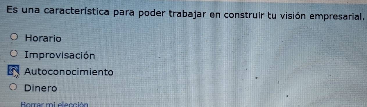 Es una característica para poder trabajar en construir tu visión empresarial.
Horario
Improvisación
Autoconocimiento
Dinero
Borrar mi elección