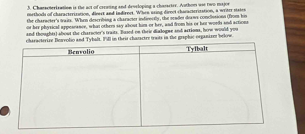 Characterization is the act of creating and developing a character. Authors use two major 
methods of characterization, direct and indirect. When using direct characterization, a writer states 
the character’s traits. When describing a character indirectly, the reader draws conclusions (from his 
or her physical appearance, what others say about him or her, and from his or her words and actions 
and thoughts) about the character's traits. Based on their dialogue and actions, how would you 
nd Tybalt. Fill in their character traits in the graphic organizer below.