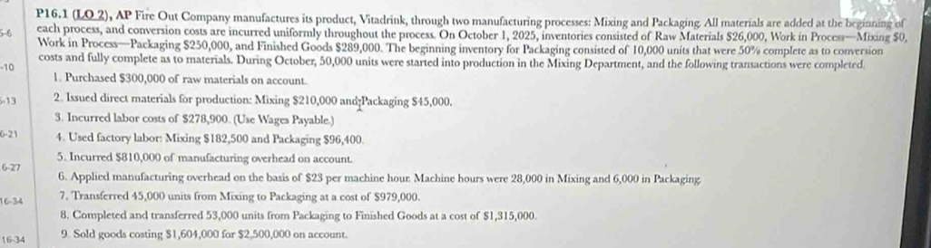 P16.1 (LO 2), AP Fire Out Company manufactures its product, Vitadrink, through two manufacturing processes: Mixing and Packaging. All materials are added at the beginning of
56 each process, and conversion costs are incurred uniformly throughout the process. On October 1, 2025, inventories consisted of Raw Materials $26,000, Work in Process—Mixing $0, 
Work in Process—Packaging $250,000, and Finished Goods $289,000. The beginning inventory for Packaging consisted of 10,000 units that were 50% complete as to conversion 
- 10 costs and fully complete as to materials. During October, 50,000 units were started into production in the Mixing Department, and the following transactions were completed 
1. Purchased $300,000 of raw materials on account. 
.13 2. Issued direct materials for production: Mixing $210,000 and Packaging $45,000. 
3. Incurred labor costs of $278,900. (Use Wages Payable.) 
6-21 4. Used factory labor: Mixing $182,500 and Packaging $96,400. 
5. Incurred $810,000 of manufacturing overhead on account. 
6-27 
6. Applied manufacturing overhead on the basis of $23 per machine hour Machine hours were 28,000 in Mixing and 6,000 in Packaging. 
16-34 7. Transferred 45,000 units from Mixing to Packaging at a cost of $979,000. 
8. Completed and transferred 53,000 units from Packaging to Finished Goods at a cost of $1,315,000. 
16-34 9. Sold goods costing $1,604,000 for $2,500,000 on account.