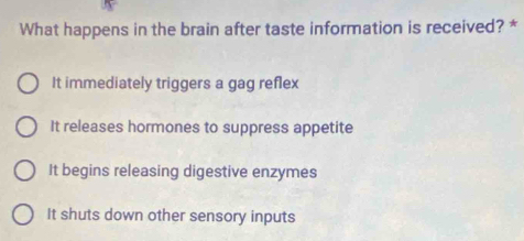 What happens in the brain after taste information is received? *
It immediately triggers a gag reflex
It releases hormones to suppress appetite
It begins releasing digestive enzymes
It shuts down other sensory inputs