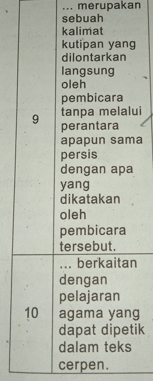 ××× merupakan 
sebuah 
kalimat 
kutipan yang 
dilontarkan 
langsung 
oleh 
pembicara
9 tanpa melalui 
perantara 
apapun sama 
persis 
dengan apa 
yang 
dikatakan 
oleh 
pembicara 
tersebut. 
_× × × berkaitan 
dengan 
pelajaran
10 agama yang 
dapat dipetik 
dalam teks 
cerpen.