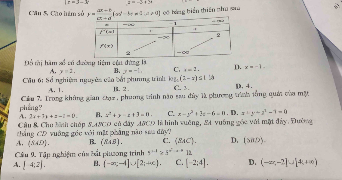 |z=3-3t
|z=-3+3t
Câu 5. Cho hàm số y= (ax+b)/cx+d (ad-bc!= 0;c!= 0) có bảng biến thiên như sau
a)
Đồ thị hàm số có đường tiệm cận đứng là
A. y=2. B. y=-1. C. x=2.
D. x=-1.
Câu 6: Số nghiệm nguyên của bất phương trình log _3(2-x)≤ 1 là
A. 1. B. 2 . C. 3 . D. 4 .
Câu 7. Trong không gian Oxyz , phương trình nào sau đây là phương trình tổng quát của mặt
phẳng?
A. 2x+3y+z-1=0. B. x^2+y-z+3=0. C. x-y^2+3z-6=0. D. x+y+z^2-7=0
Câu 8. Cho hình chóp S.ABCD có đáy ABCD là hình vuông, SA vuông góc với mặt đáy. Đường
thăng CD vuông góc với mặt phăng nào sau đây?
C. D. (SBD).
A. (SAD). B. (SAB). (SAC).
Câu 9. Tập nghiệm của bất phương trình 5^(x-1)≥ 5^(x^2)-x-9 là
A. [-4;2]. B. (-∈fty ;-4]∪ [2;+∈fty ). C. [-2;4]. D. (-∈fty ;-2]∪ [4;+∈fty )