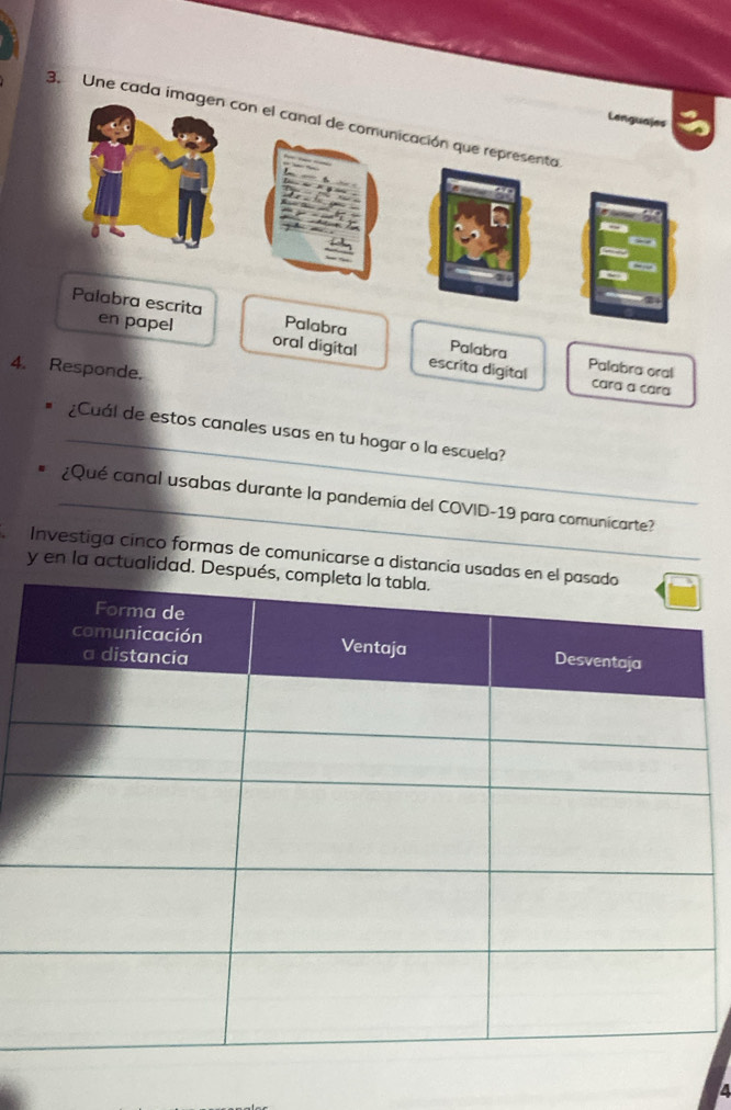 Une cada imagcon el canal de comunicación que representa
Lenguajes
Palabra escrita en papel Palabra Palabra
oral digital escrita digital Palabra oral cara a cara
4. Responde.
_
¿Cuál de estos canales usas en tu hogar o la escuela?
_¿Qué canal usabas durante la pandemia del COVID-19 para comunicarte?
Investiga cinco formas de comunicarse a distancia us
y en la actualidad. De
4