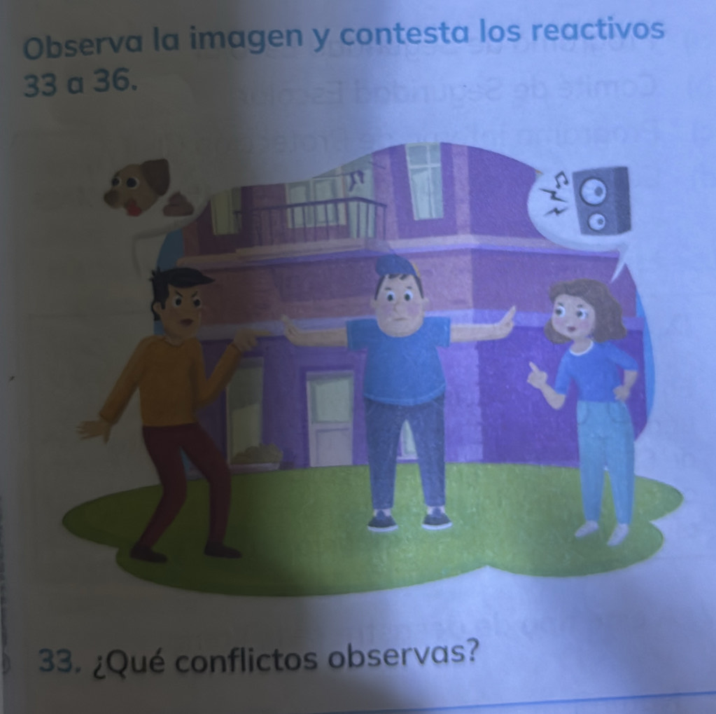 Observa la imagen y contesta los reactivos
33 a 36. 
33. ¿Qué conflictos observas?