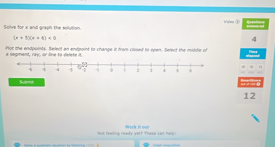 Video D Questions 
Solve for x and graph the solution. answered
(x+5)(x+6)<0</tex>
4
Plot the endpoints. Select an endpoint to change it from closed to open. Select the middle of Time 
a segment, ray, or line to delete it. elapsed
32 15
SmartScore 
Submit out of 100 ①
12
Work it out 
Not feeling ready yet? These can help: 
Solve a quadratic equation by factoring (1 Graph inequalities