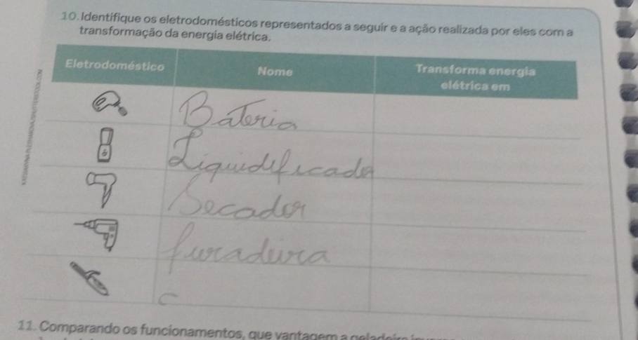 Identifique os eletrodomésticos representados a seguir e a ação realizada por eles com a 
transformação da energia elétri 
1 1. Comparando os funcionamentos, que v anta g em n e