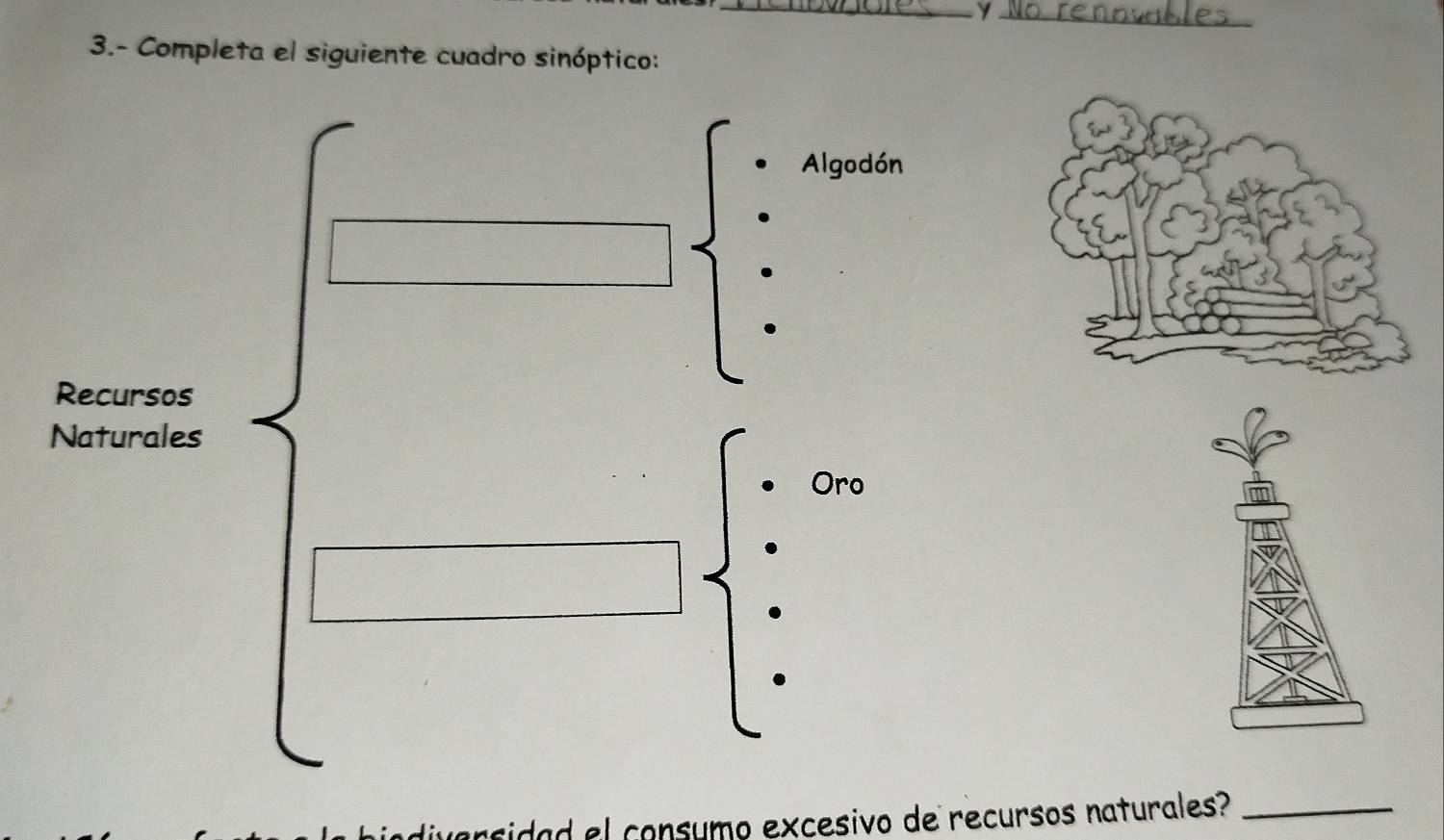 3.- Completa el siguiente cuadro sinóptico: 
Algodón 
Recursos 
Naturales 
Oro 
rsidad el consumo excesivo de recursos naturales?_