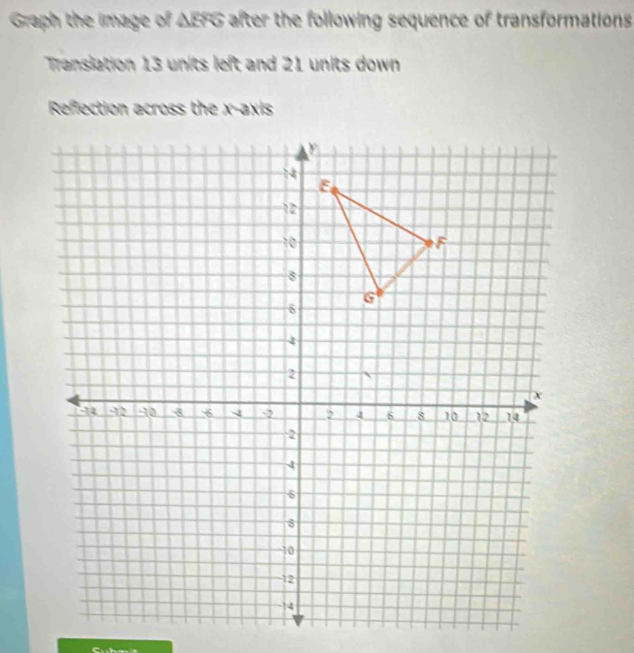 Graph the image of ΔEFG after the following sequence of transformations 
Transiation 13 units left and 21 units down 
Refection across the x-axis