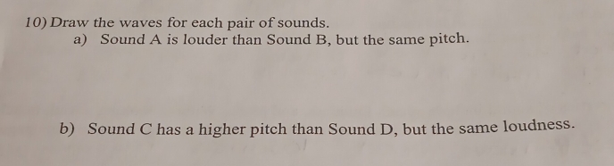 Draw the waves for each pair of sounds. 
a) Sound A is louder than Sound B, but the same pitch. 
b) Sound C has a higher pitch than Sound D, but the same loudness.