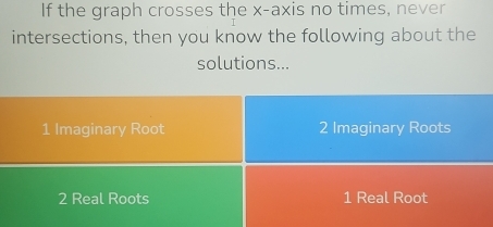 If the graph crosses the x-axis no times, never
intersections, then you know the following about the
solutions...
1 Imaginary Root 2 Imaginary Roots
2 Real Roots 1 Real Root