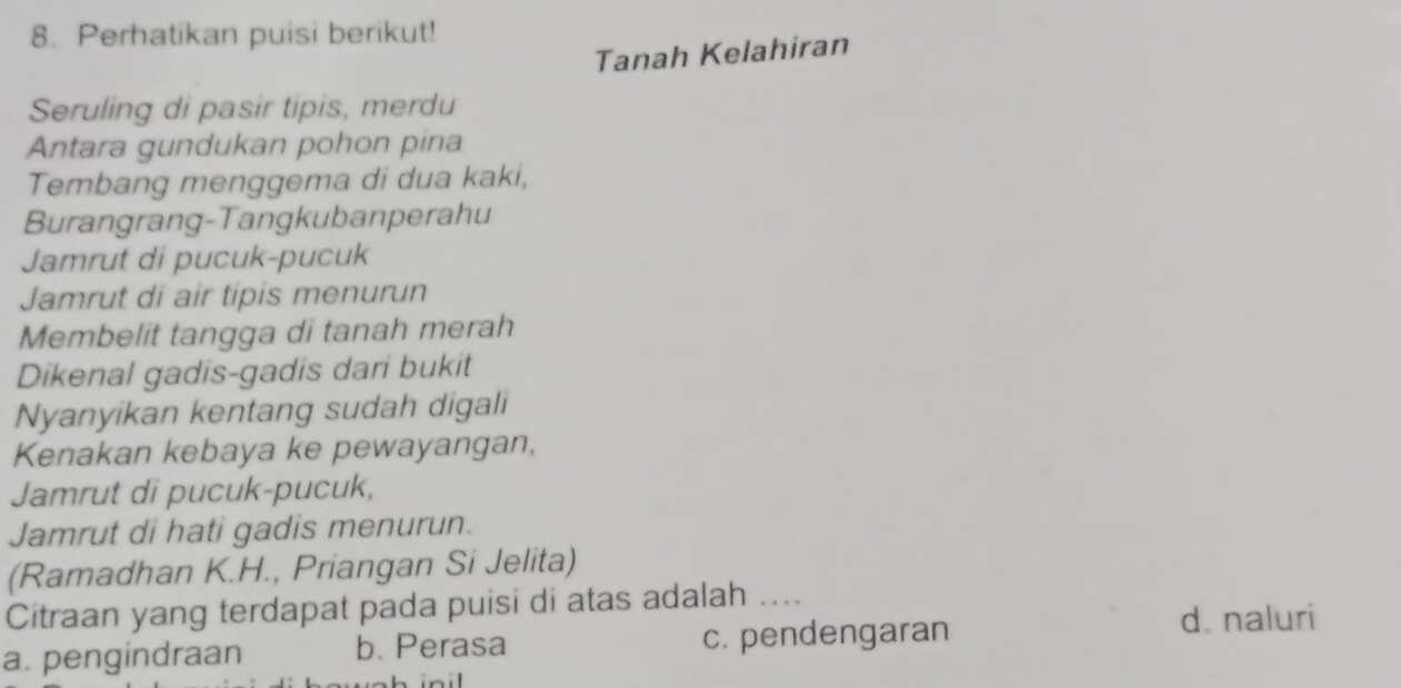 Perhatikan puisi berikut!
Tanah Kelahiran
Seruling di pasir tipis, merdu
Antara gundukan pohon pina
Tembang menggema di dua kaki,
Burangrang-Tangkubanperahu
Jamrut di pucuk-pucuk
Jamrut di air tipis menurun
Membelit tangga di tanah merah
Dikenal gadis-gadis dari bukit
Nyanyikan kentang sudah digali
Kenakan kebaya ke pewayangan,
Jamrut di pucuk-pucuk,
Jamrut di hati gadis menurun.
(Ramadhan K.H., Priangan Si Jelita)
Citraan yang terdapat pada puisi di atas adalah ....
a. pengindraan b. Perasa c. pendengaran
d. naluri